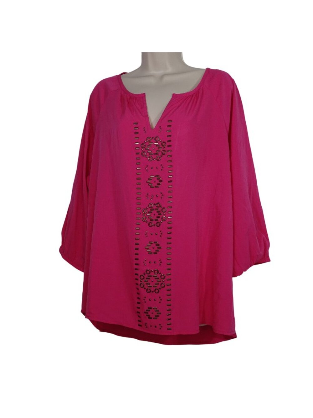 KC Khakis and Co Pink Studded Pullover Tunic Top Women Size L V-neck Long Sleeve